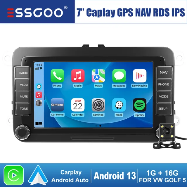 7" Autoradio Carplay Android 13 GPS Caméra For VW GOLF 5 6 Plus Touran Tiguan T5
