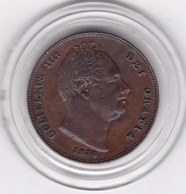 Sharp  1836  King   William  IV  One  Farthing  (1/4d)   Copper  Coin