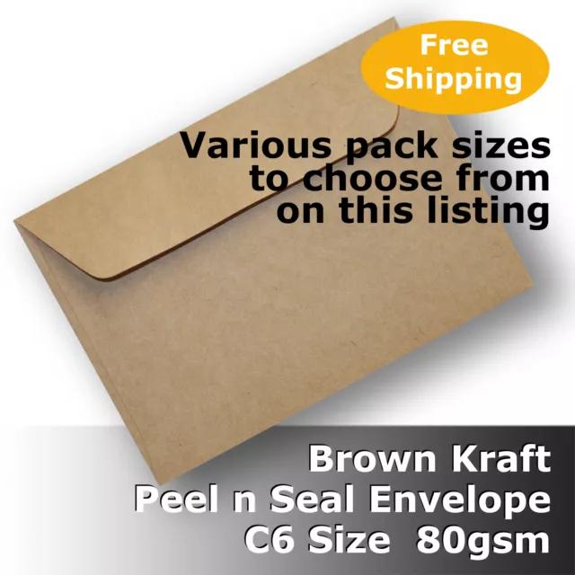 Kraft Brown ReCycled C6 Size Envelopes 80gsm Wallet Shape Peel N Seal #S0171P