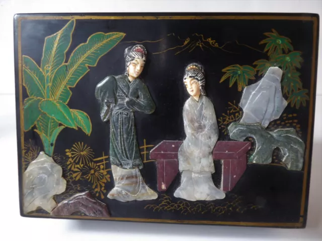 Vintage Carved Lacquered Chinese Jewelry Box Geisha Black Brass Silk