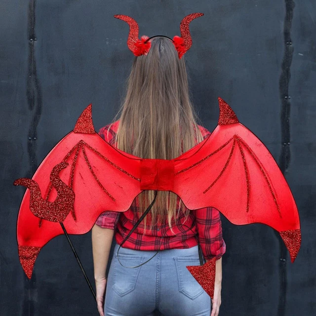 Déguisement Diable 3 Pièces Pour Femmes - Ailes Rouges, Cornes Et Fourche - Idéal Halloween Et Fêtes