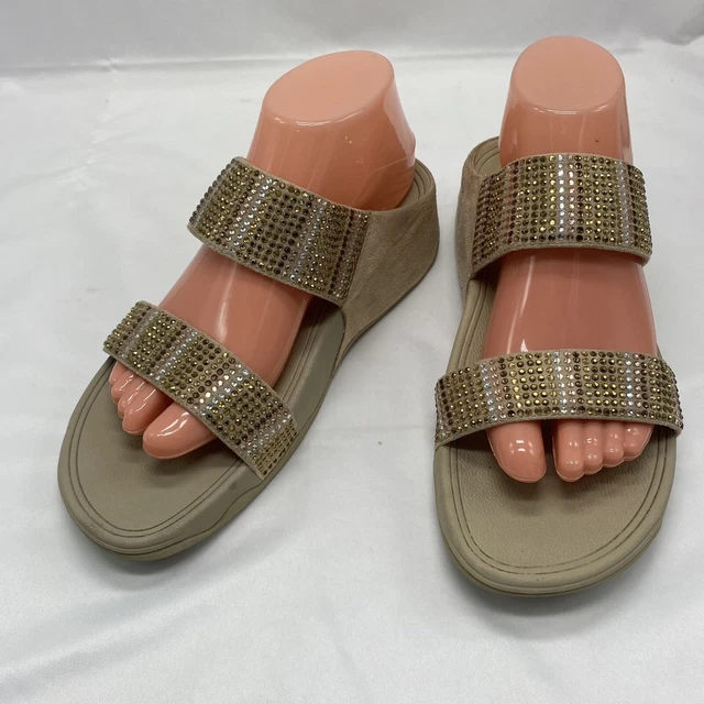 FitFlop Flare Strobe Slides Sandals Flip Flops Womens Sz 8 Rhinestone Tan Bling