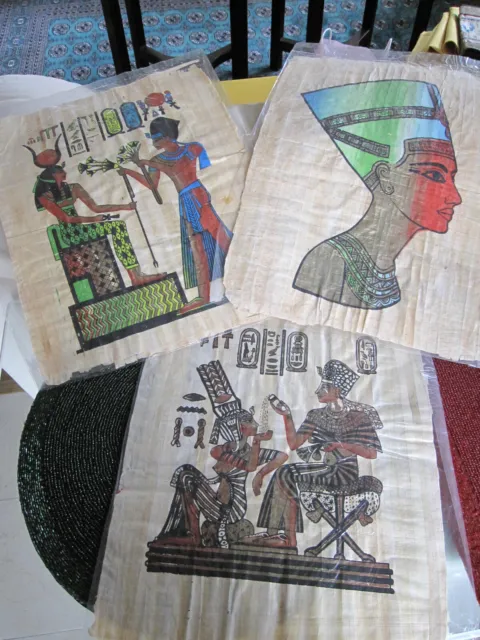 3 Vintage Egyptian Art on Papyrus~Hand Painted 12" x 16"