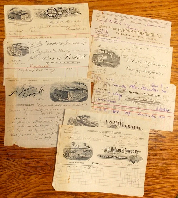 Group Lot 15 Vintage Carriages Wagons Buggies Billheads / Receipts Late 1800s.