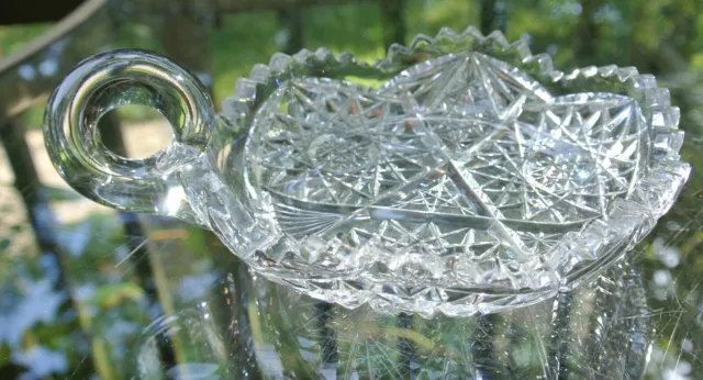 American Brilliant Period Hobstar Sawtooth Cut Candy Dish Glass Nappy with Thumb