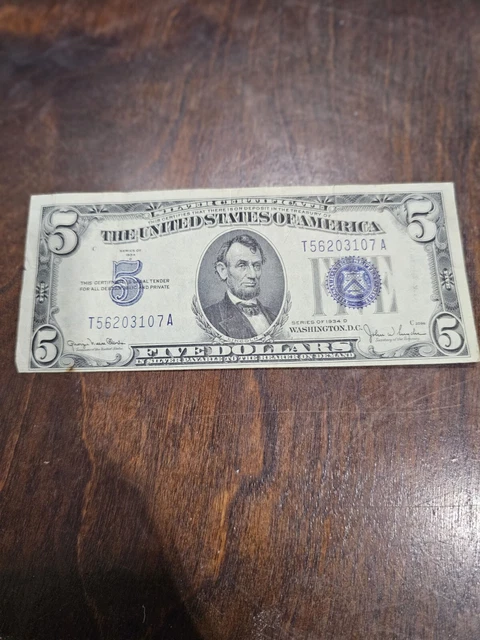 1934 Series D Silver Certificate 5 Five Dollar Bill Note - Blue Series - Great