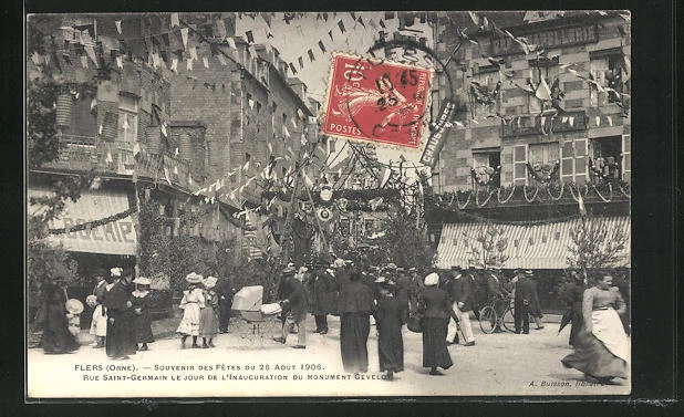 CPA Flers, Rue Saint-Germain on the day of the inauguration of the Gevelot Monument 1906