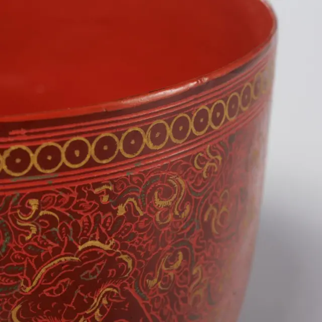 Burmese Lacquerware Hand Carved Painted Bamboo Horsehair Bowl Myanmar 4" dia 4