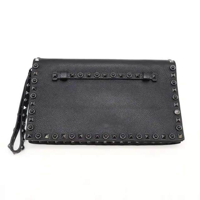 VALENTINO GARAVANI Rockstud Clutch Bag Leather Black 28×17×2cm Logo Authentic