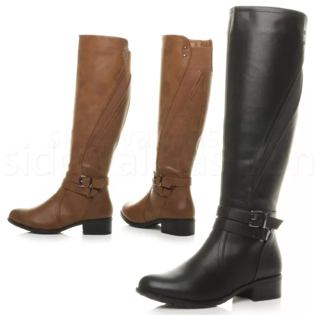 Womens ladies low heel zip stretch elastic gusset knee high riding boots size