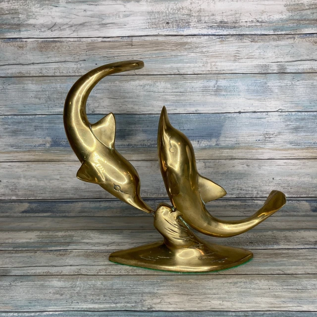 Vintage Solid Brass Dolphin Statue - Brass Dolphins in Waves Jumping Figure