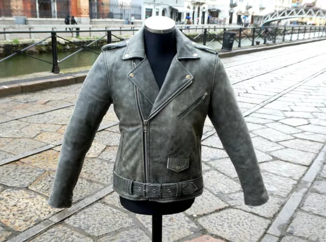 Herren grau Lederjacke Motorrad Marlon Brando Guendj original biker perfecto