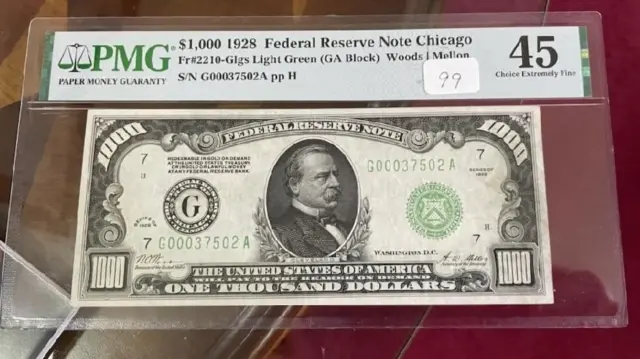 1928 $1000 "GOLD CLAUSE" Chicago Federal Reserve Note PMG Extremely Fine 45