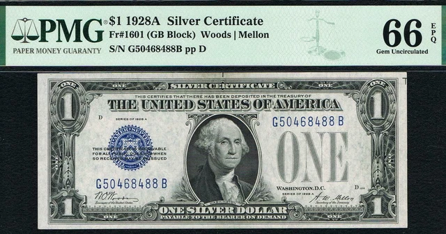 TOP POP NOTE. $1 1928A  Silver Certificate. PMG 66 EPQ. Tough GB Block