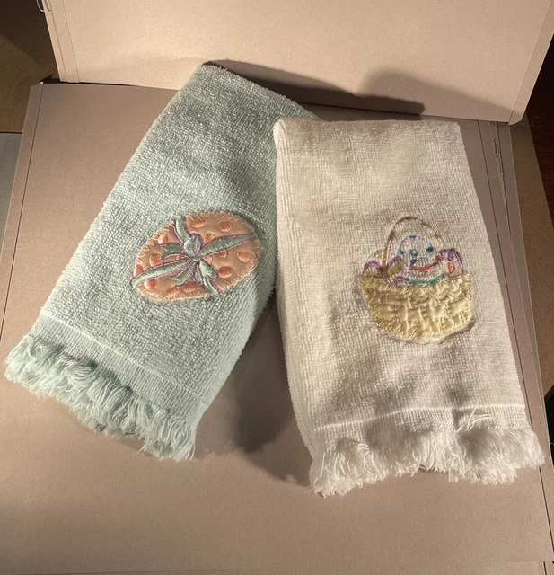 Lot of 2 VTG Velour Terry Cloth Embroidered Easter Basket Egg Hand Towels EUC