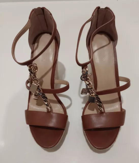 Michael Kors Suki Wedge Platform Strappy Leather Chain Charm Brown Size 9