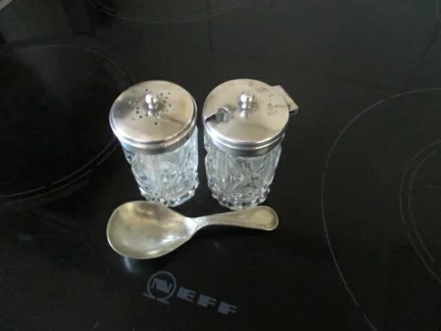 Vintage Silver EPNS Cruet Set Crystal Cut Glass Salt Pepper & Mustard & Spoon