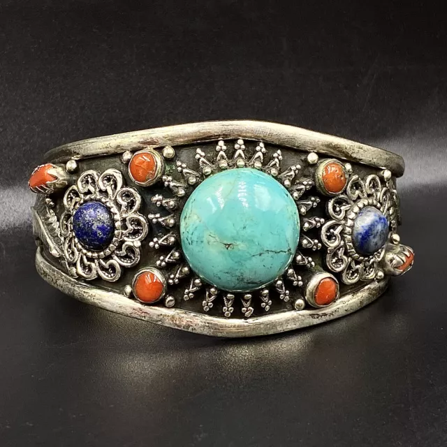 Old Pawn Navajo Sterling Silver Blue Turquoise - Coral Large Wide Cuff Bracelet