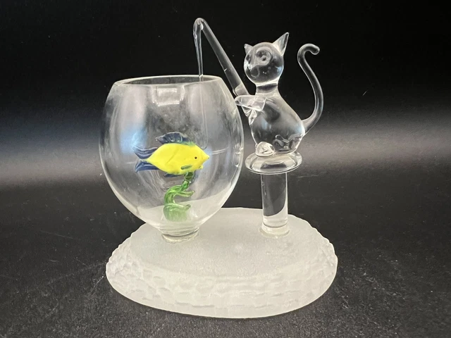 Small blown Glass Figurine of Clear Glass Cat fishing  in Bowl with Fish