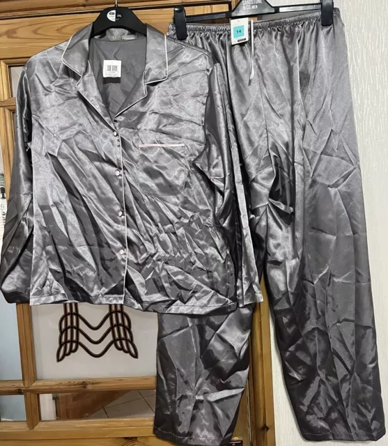 New - Marks & Spencer - Grey Satin, Lounge PJ Pyjama Set - Size 14