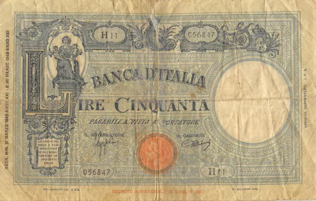 Italy  50  Lire  30.3.1943  Series  H 11  Circulated Banknote SF18