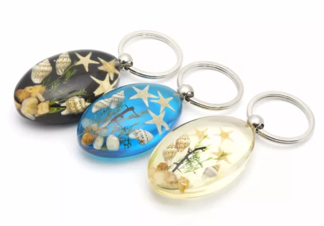 Ocean Beach Themed Key Chains - Encased Seashells Starfish Plants and Rocks