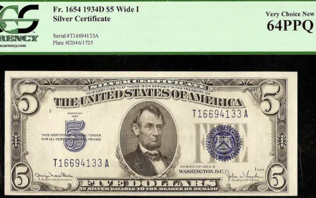 Unc 1934D $5 Bill Silver Certificate Blue Seal Note Money Pcgs 64 Ppq