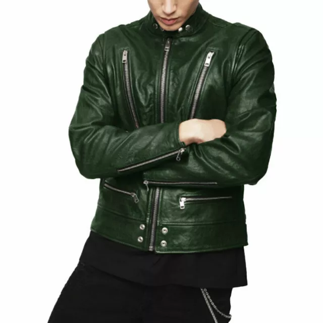Zayn Leather Uomo Moto Biker Giacca di Pelle Café Racer Casual Indossare Verde