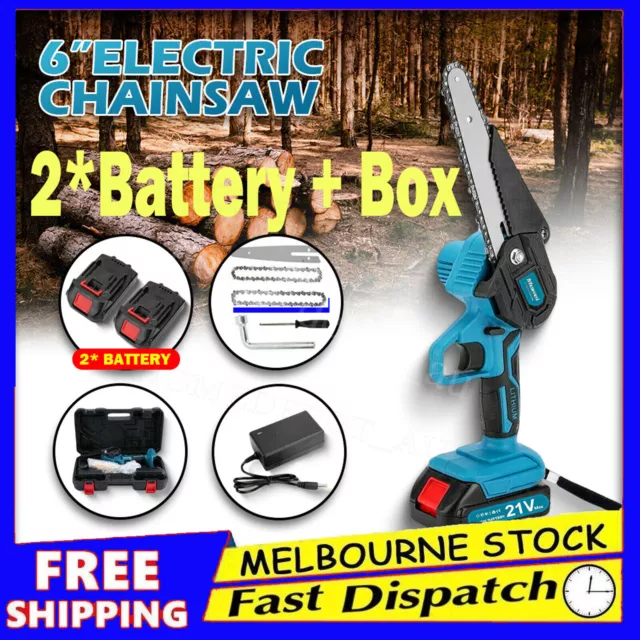 6" Rechargeable Electric Chainsaw Mini Cordless 2x Battery-Powered Wood Cutter