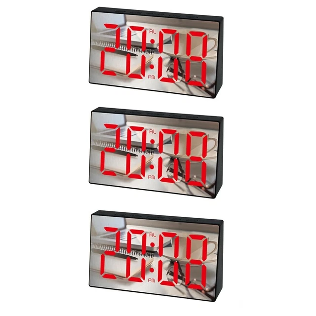 3 x sveglia specchio LED, orologio da tavolo snooze digitale, luce sveglia, ora, temperatura Q6L5
