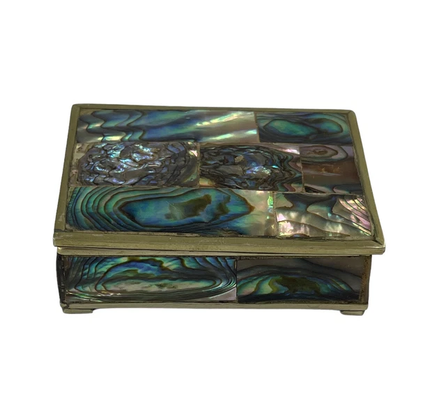 Vintage Mexican Alpaca Silver & Abalone Lined Footed Trinket Box