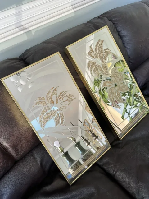 Two Vintage MCM Frosted & Etched Glass- Framed Wall Mirrors  Flowers