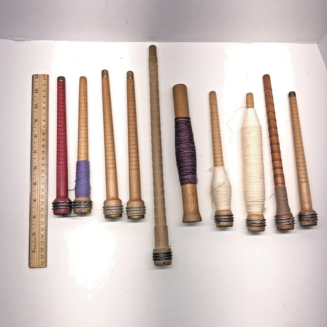 Wooden Sewing Spools Thread Textile Bobbin Spindle Farmhouse 10 Vintage Antique