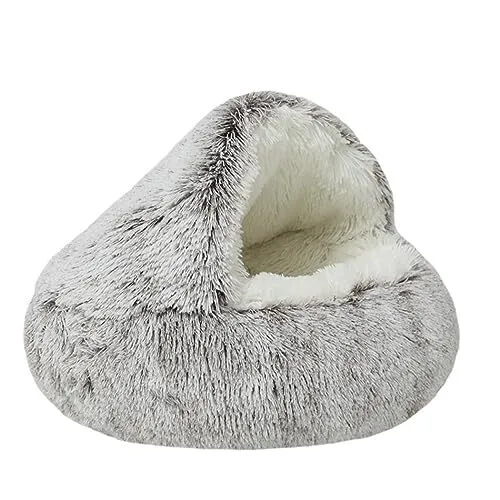 Cat Bed Cave Round Plush Fluffy Hooded Cat Bed Donut Self Warming Pet Dog Bed