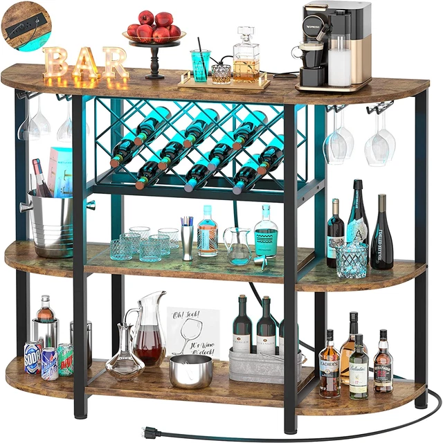 Wine Rack Table with Socket and LED Light, Floor Wine Bar Cabinet for Liquor and