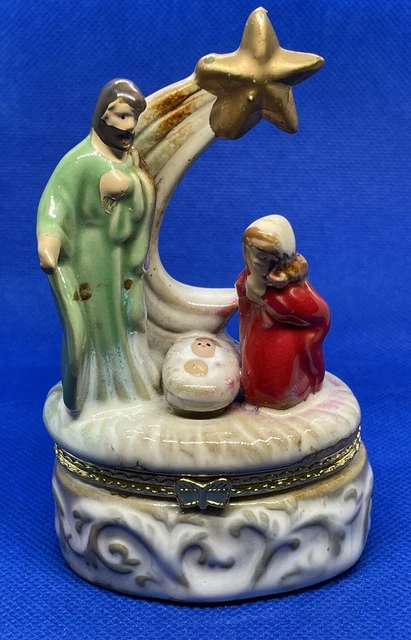 Vintage Christmas Nativity PORCELAIN JEWELRY Trinket Box by Cracker Barrel