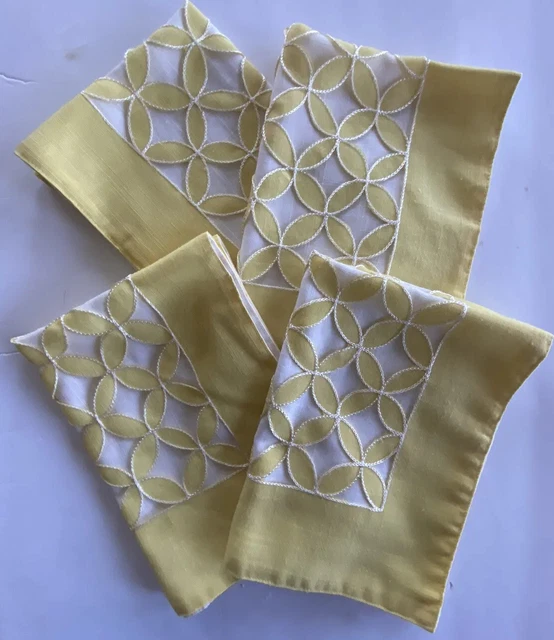 (4) Manteles de cocina de verano amarillo blanco abierto recortados elegante decoración de mesa en excelente estado