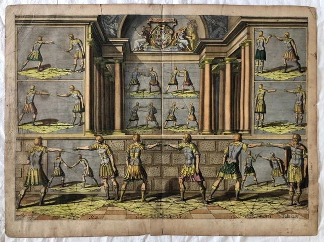 Rare Antique Colored Engraving 1628 FENCING Johann Gelle 74x55 cm
