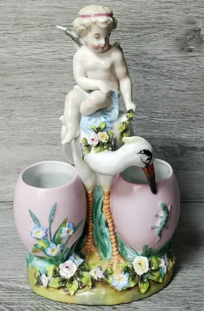 Antique Sitzendorf Germany Porcelain Figurine Cherub With Heron And Two Vases