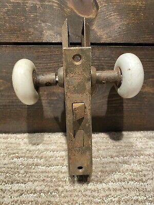 Vintage/Antique Yale Metal Door Lock Plate w/White Porcelain Knobs - Minor Rust 2