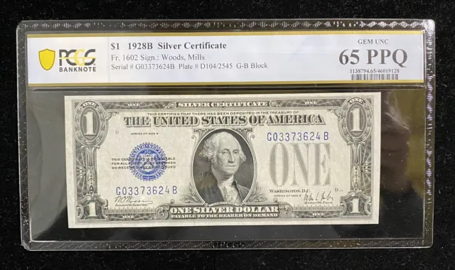 1928-B $1 Silver Certificate Fr#1602  PCGS 65PPQ