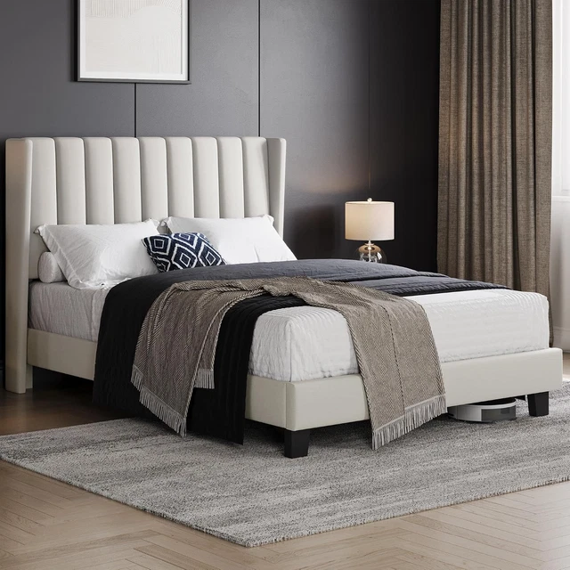 LUXURY WINGBACK UPHOLSTERED Bed Frame Tufted Headboard Silent Slats Low ...