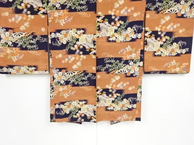 44789# Japanese Kimono / Antique Haori / Carriage & Floral Plants With Abstr