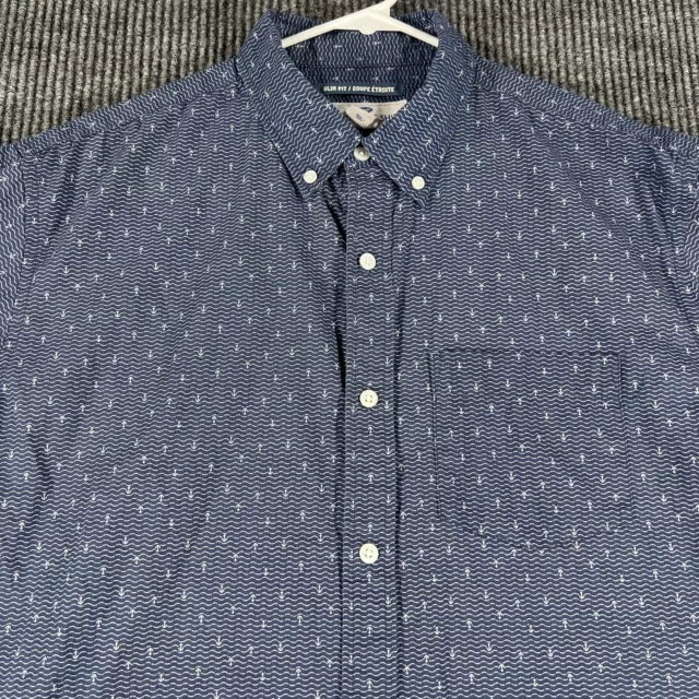 Old Navy Mens XL Blue Anchor All Over Print Short Sleeve Button Up Shirt Slim