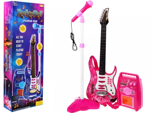 Kindergitarre Rockgitarre Mikrofon mit Stativ + Verstärker Kinder gitarre ROSA