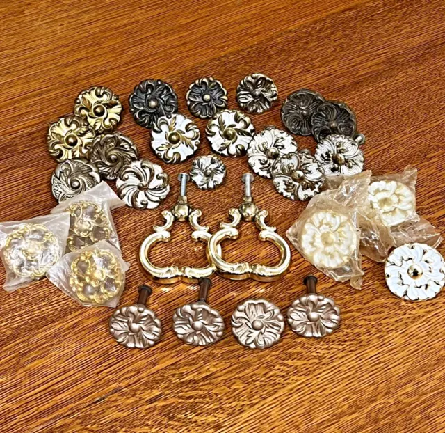 Vintage Ornate Brass Drawer Pulls French Provincial Knobs 28 Pcs Mixed Lot #H30