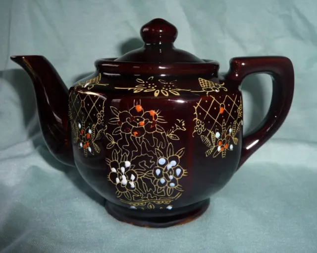 Tea Pot Hand Painted Brown Ceramic~Made In Japan VINTAGE Redware