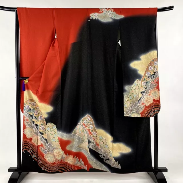 Japanese kimono SILK"FURISODE" long sleeves, Weaved gold thread,SAKURA,L63".1526