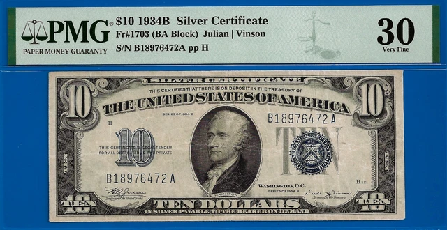 FR-1703 ✅ 1934-B $10 S/C ➡️ Unique and Scarce 🔴 Key Note ⬅️ PMG 30 # 76472
