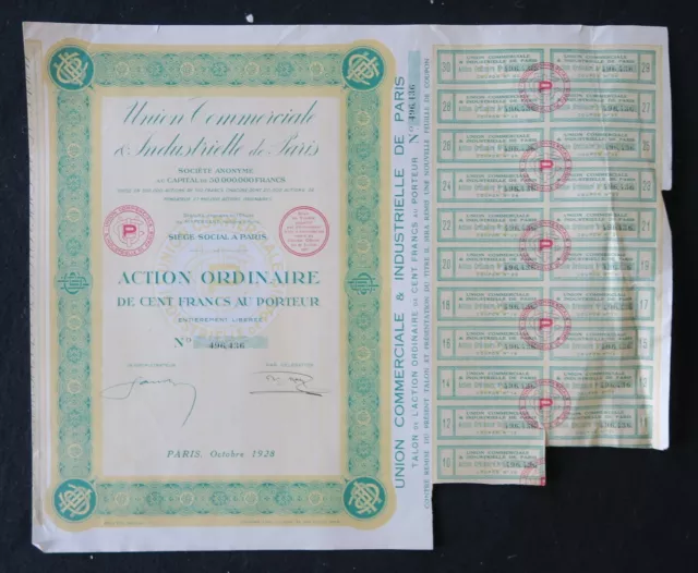 Action 1928 UNION COMMERCIALE INDUSTRIELLE DE PARIS titre bond share 5